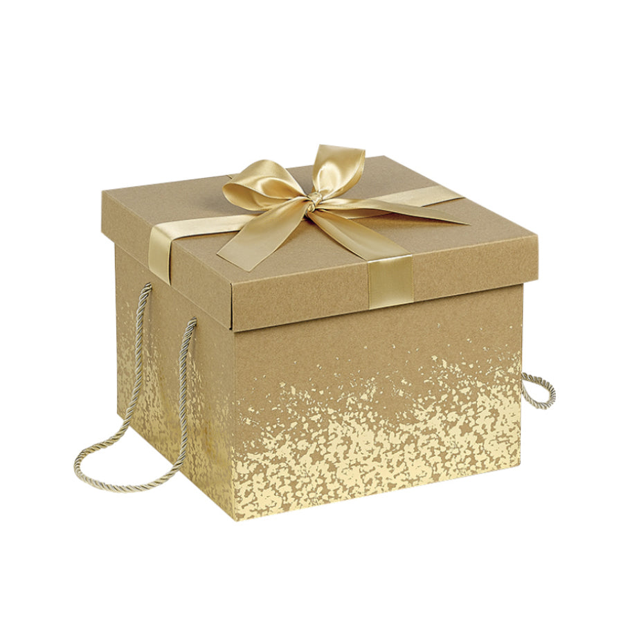 Caja de Cartón con Tapa y Base con Cordón y Lazo - Kraft y Oro - "Confettis"