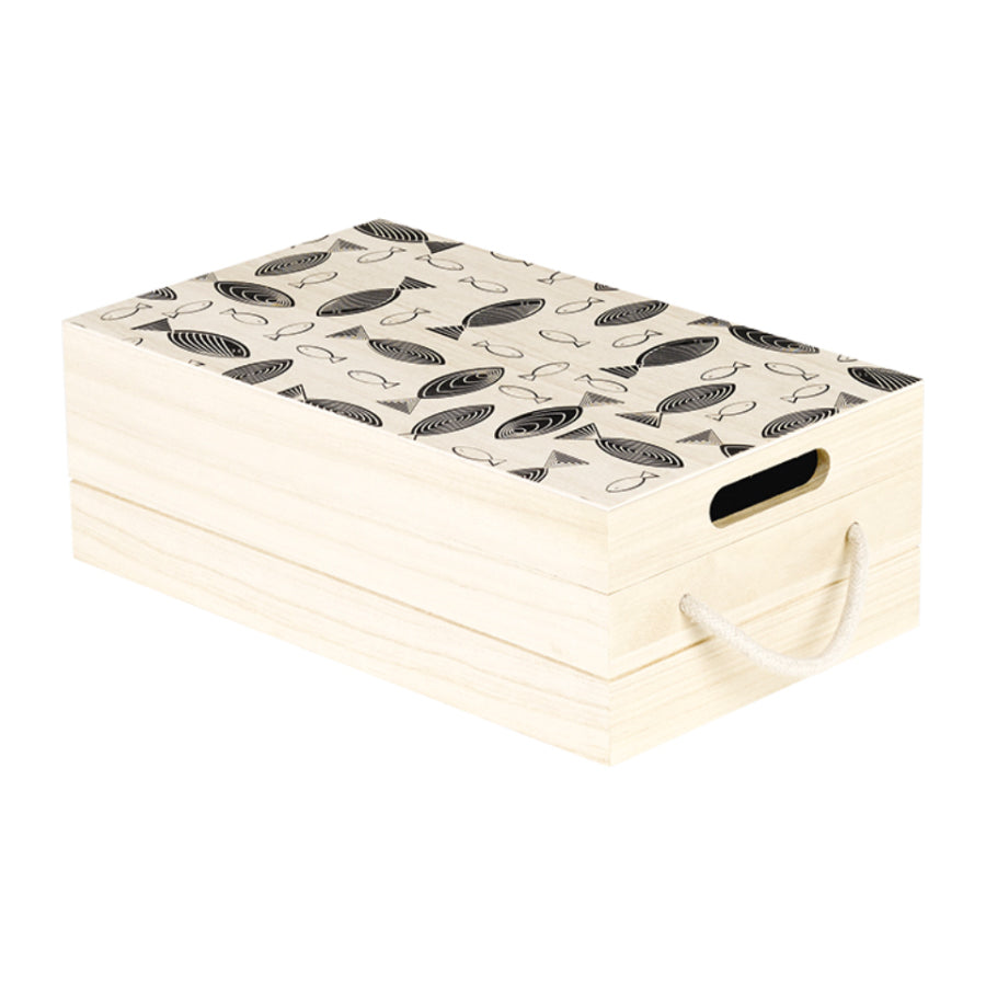 Box with Tray Lid and Handle - Wood - "Fish"