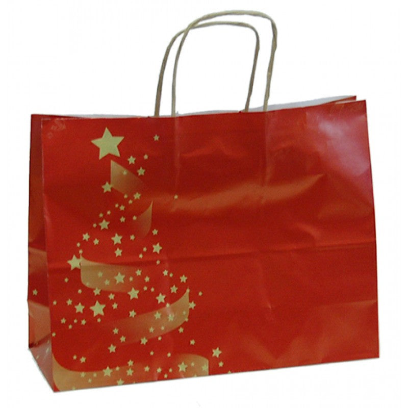 Twisted-Handle Coated Paper Bags - Red and Gold - "Christmas Tree"
