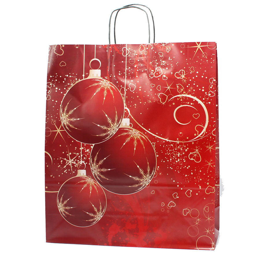Twisted Handle Coated Paper Bags - Red and Gold - "Christmas Baubles"