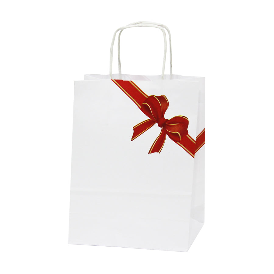 White Twisted Handle Kraft Bags - White and Red - "Bow"