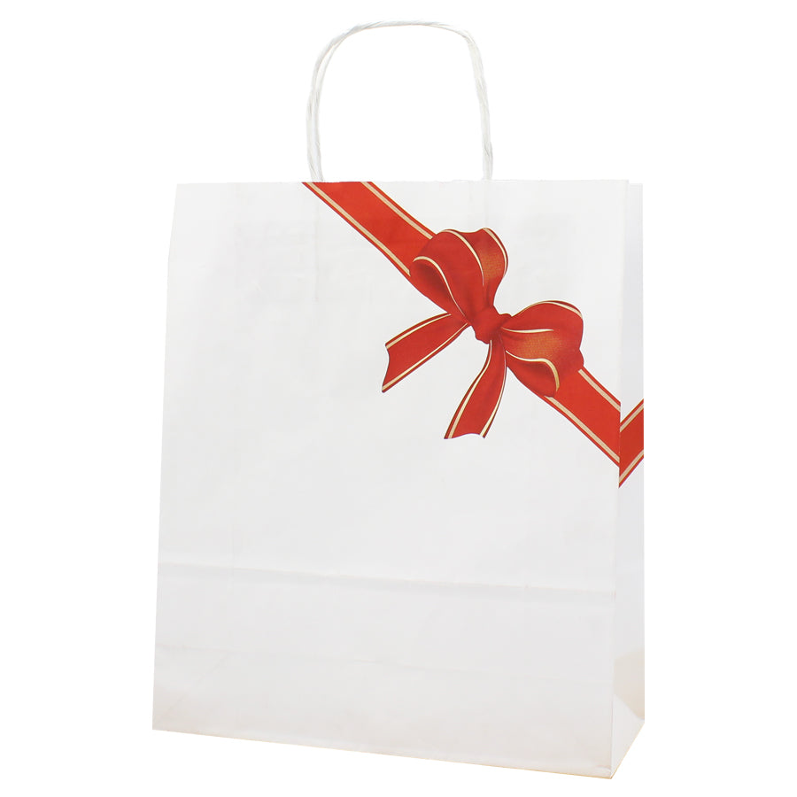 White Twisted Handle Kraft Bags - White and Red - "Bow"