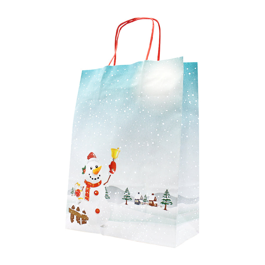 White Twisted Handle Kraft Bags - Multicolour - "Snowman"