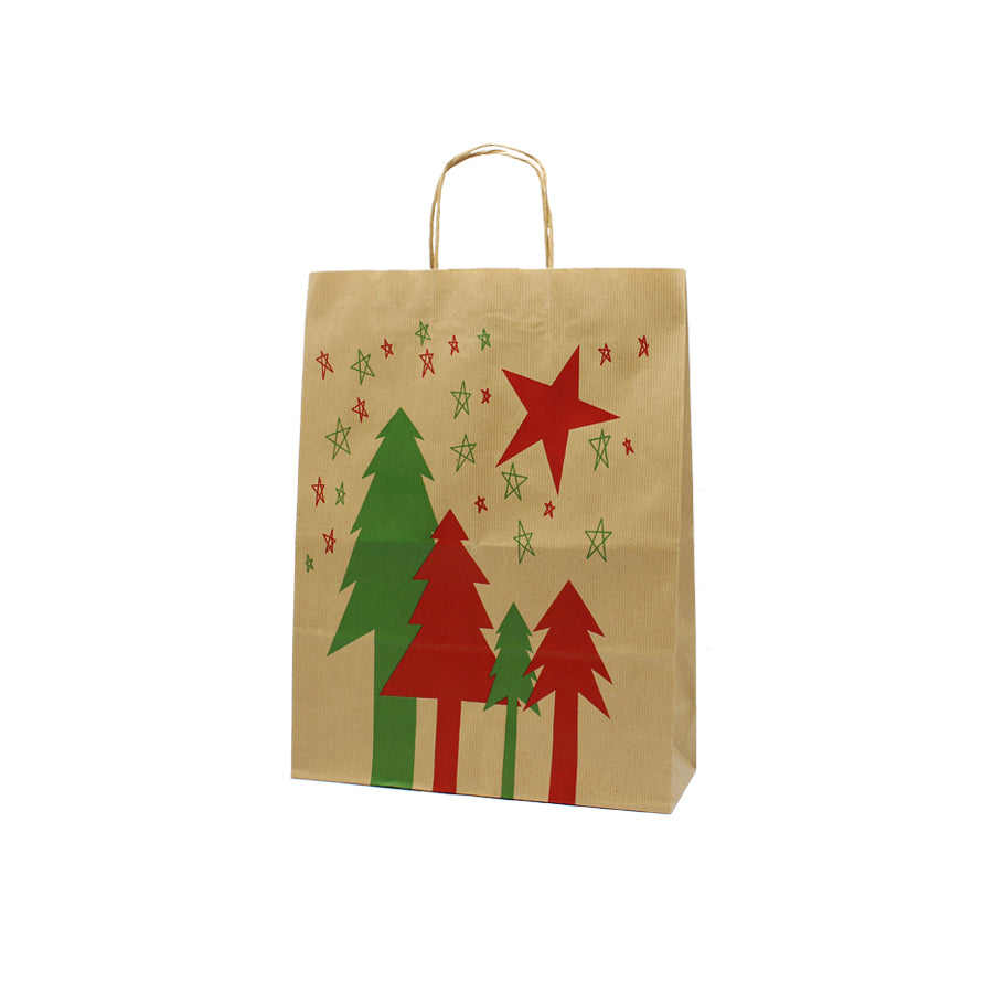 Twisted Handle Kraft Bags - Red, Green, and Kraft - "Pine Tree with Star"
