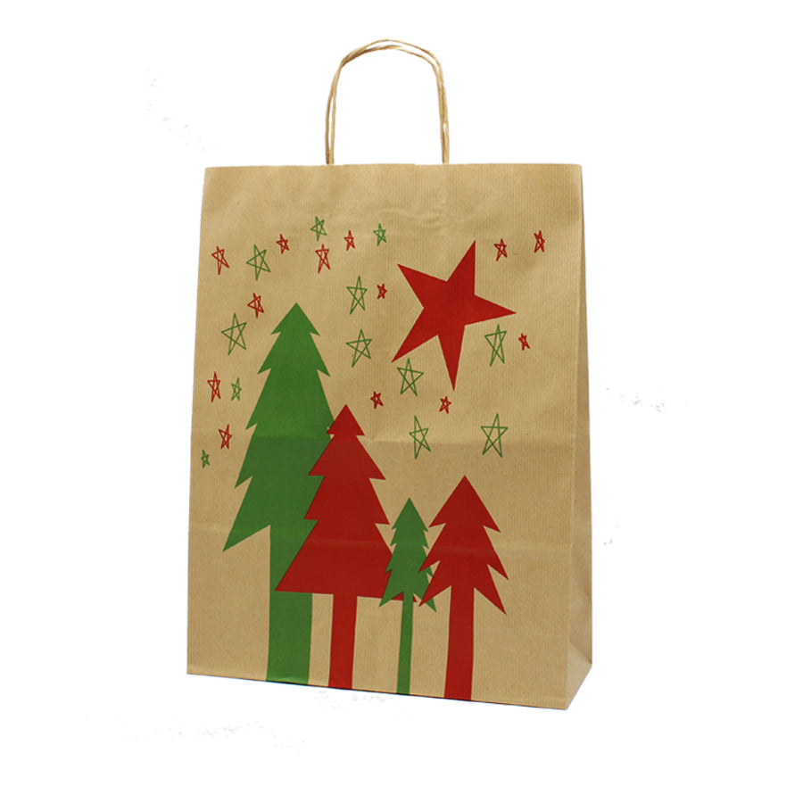 Twisted Handle Kraft Bags - Red, Green, and Kraft - "Pine Tree with Star"