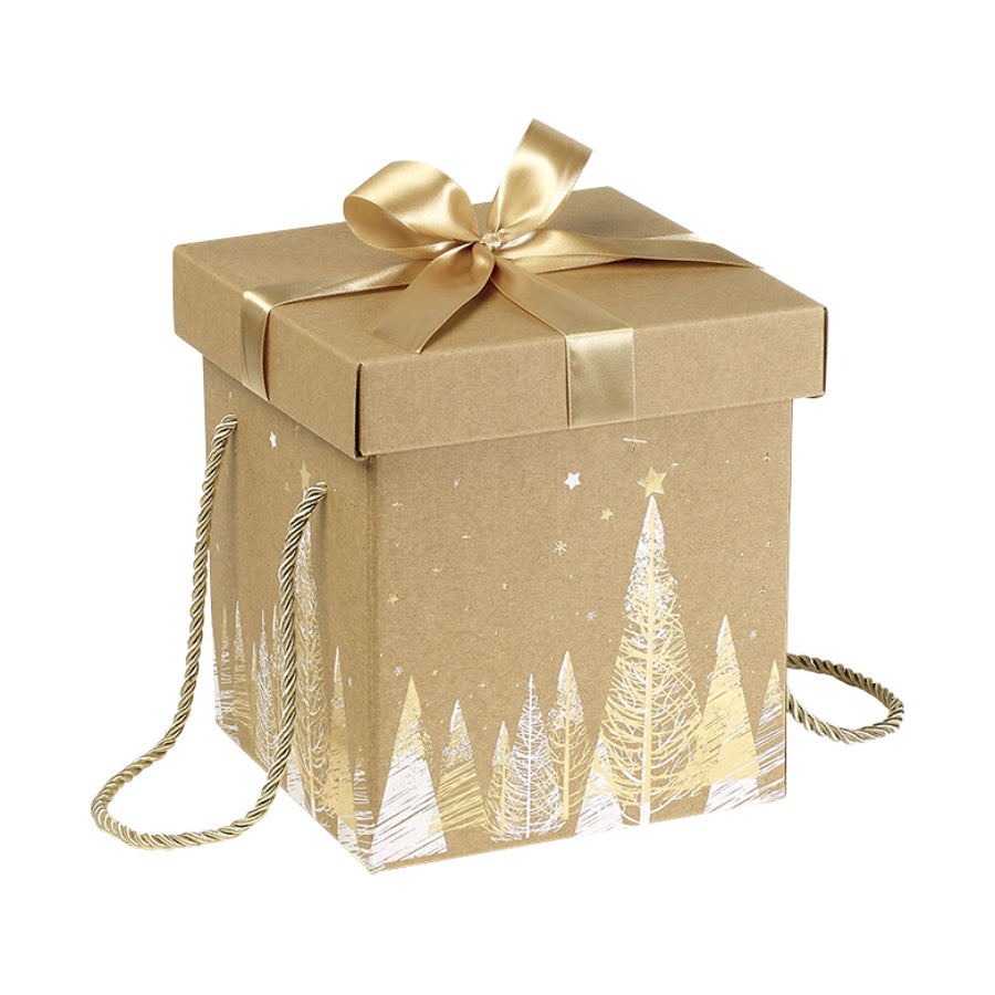 Caja de Cartón con Tapa y Fondo con Cordón y Lazo - Kraft, Oro y Blanco - "Árboles"