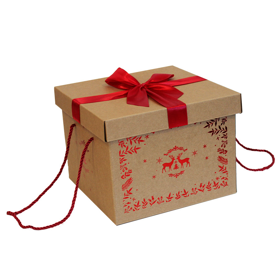 Caja de cartón con tapa y fondo con cordón y lazo - Kraft y Rojo - "Renos"