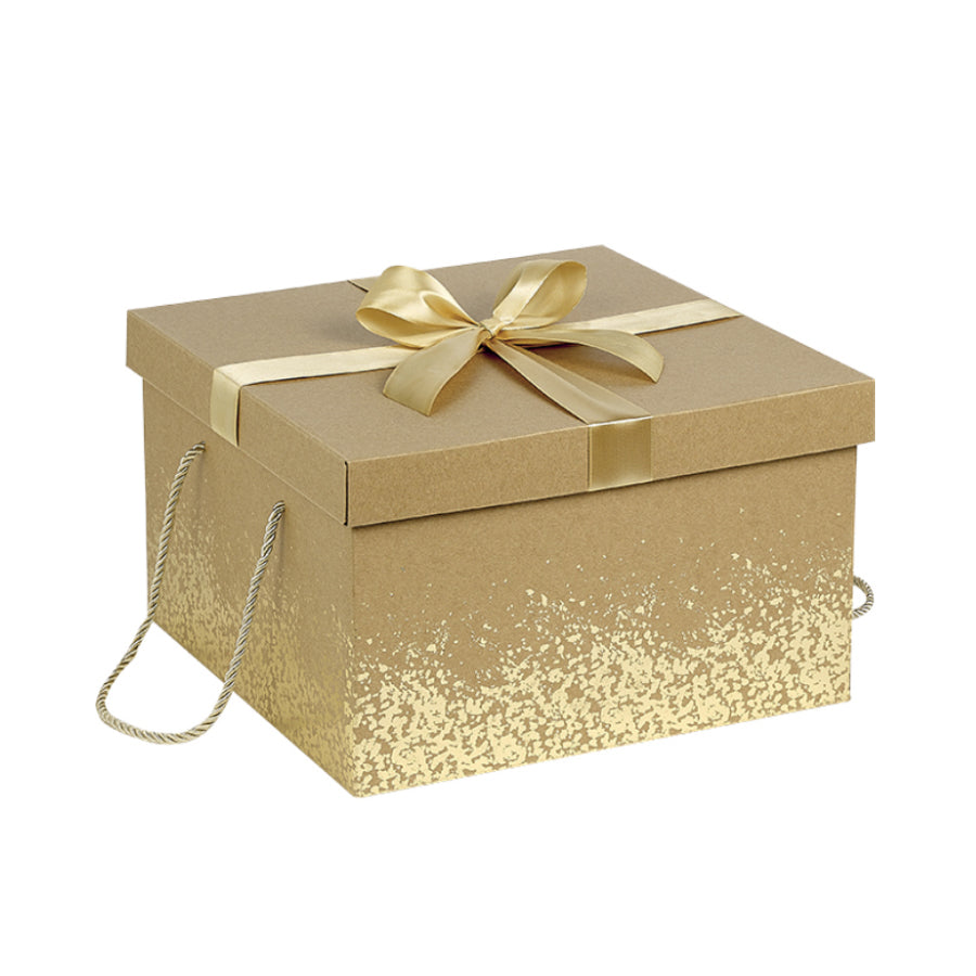 Caja de Cartón con Tapa y Base con Cordón y Lazo - Kraft y Oro - "Confettis"