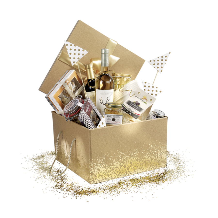 Caja de Cartón con Tapa y Base con Cordón y Lazo - Kraft y Oro - "Confettis"