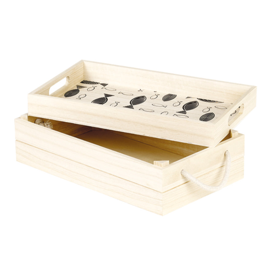 Box with Tray Lid and Handle - Wood - "Fish"