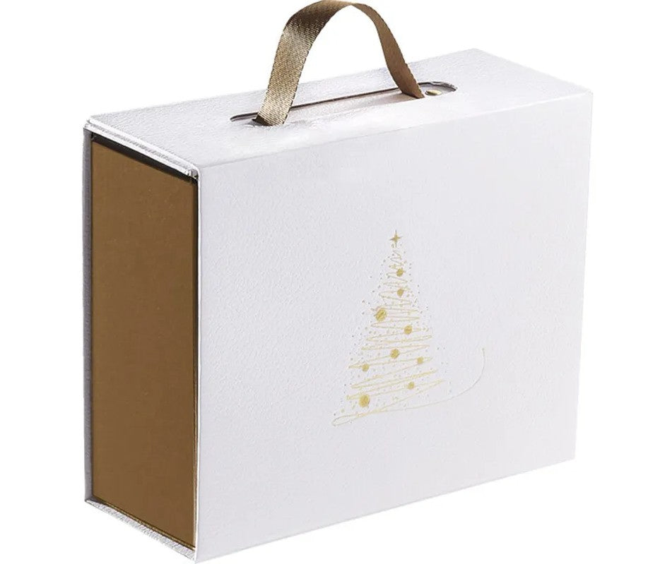 Caja Maleta con Asa e Imán - Blanco - "Pino Estampado en Oro"