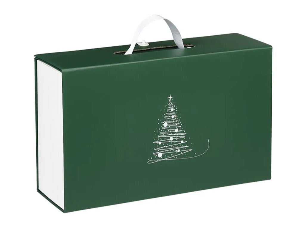 Caja Maleta con Asa e Imán - Verde - "Pino Estampado en Blanco"