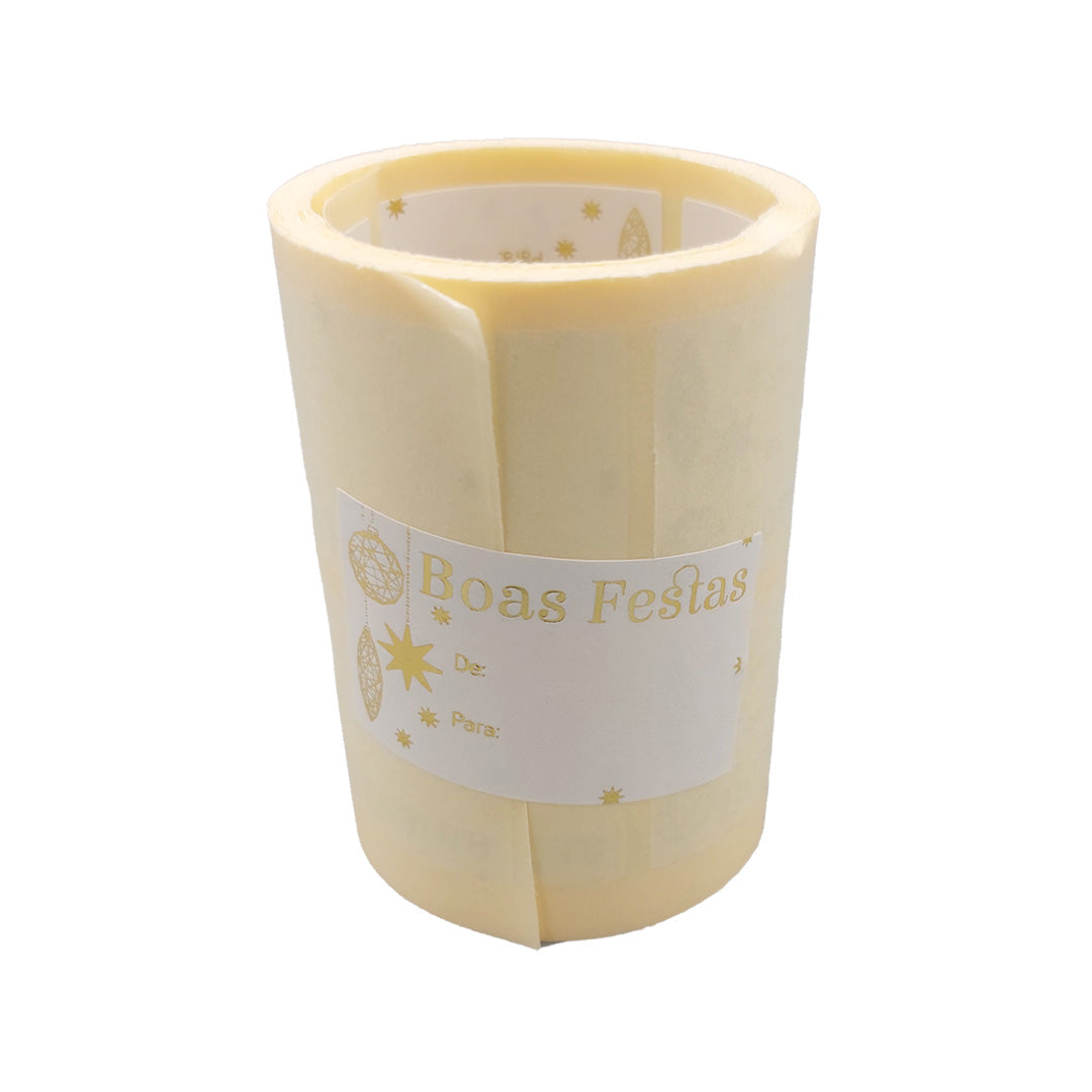 Etiqueta Adhesiva Horizontal con "De/Para" - Blanco y Dorado - "Felices Fiestas/Estrellas"