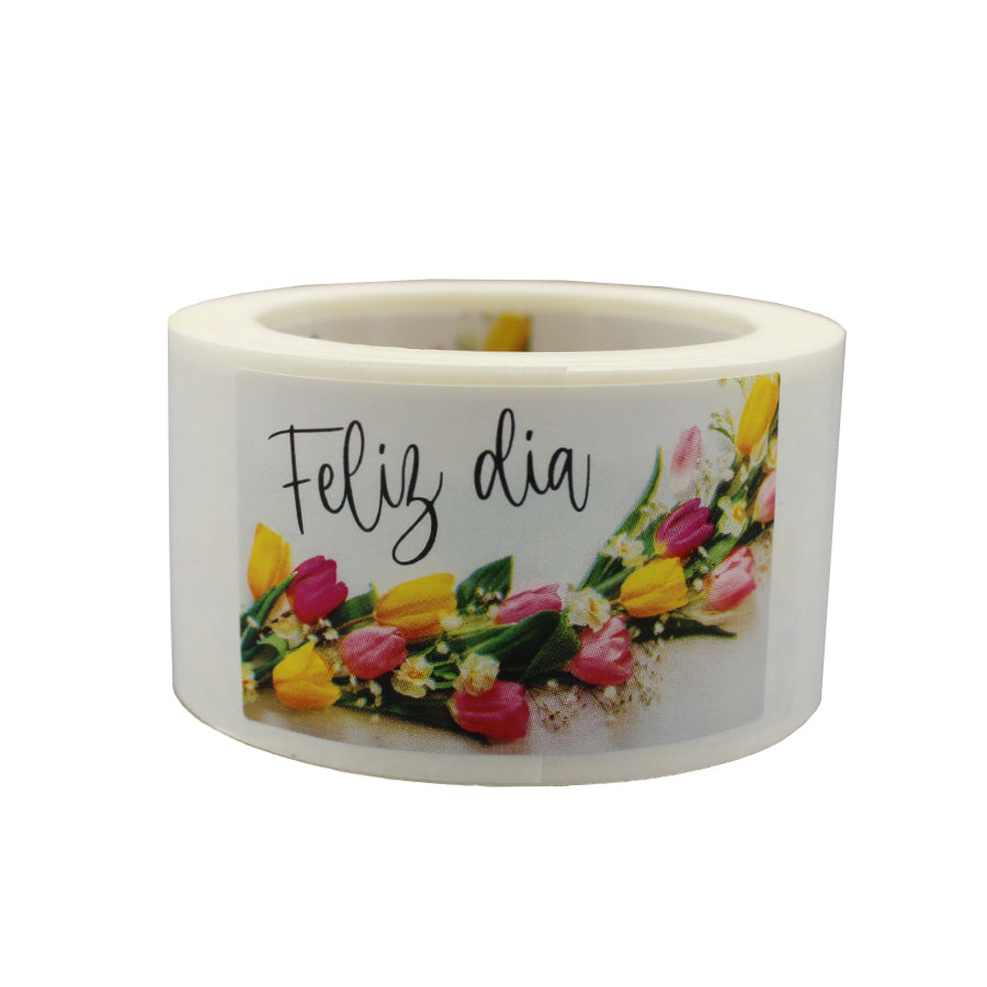 Etiqueta Autocolante Horizontal - Multicor - "Feliz Dia/Tulipas"
