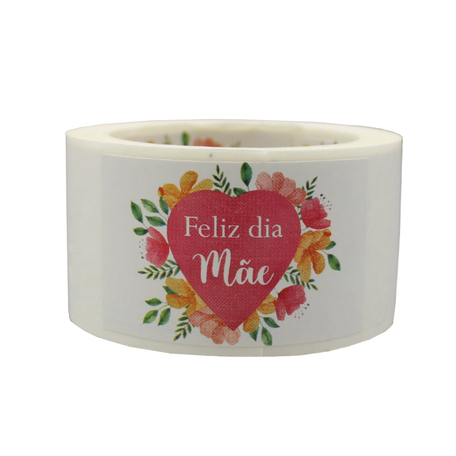 Etiqueta Adhesiva Horizontal - Multicolor - "Feliz Día Mamá/Corazón y Flores"