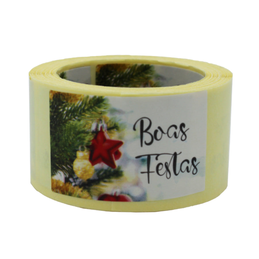 Etiqueta Adhesiva Horizontal - Multicolor - "Felices Fiestas/Pino con Estrella Roja"