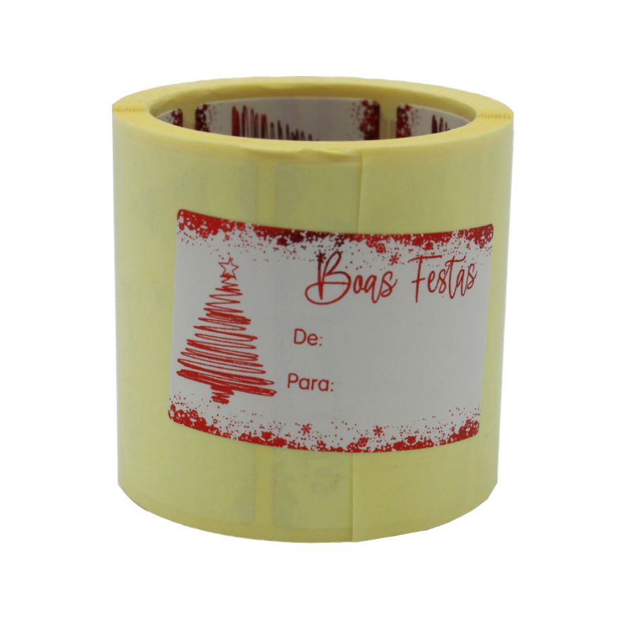 Etiqueta Adhesiva Horizontal con "De/Para" - Blanco y Rojo - "Felices Fiestas/Pino"