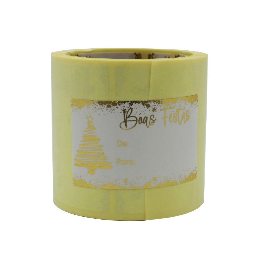 Etiqueta Adhesiva Horizontal con "De/Para" - Blanco y Dorado - "Felices Fiestas/Pino"