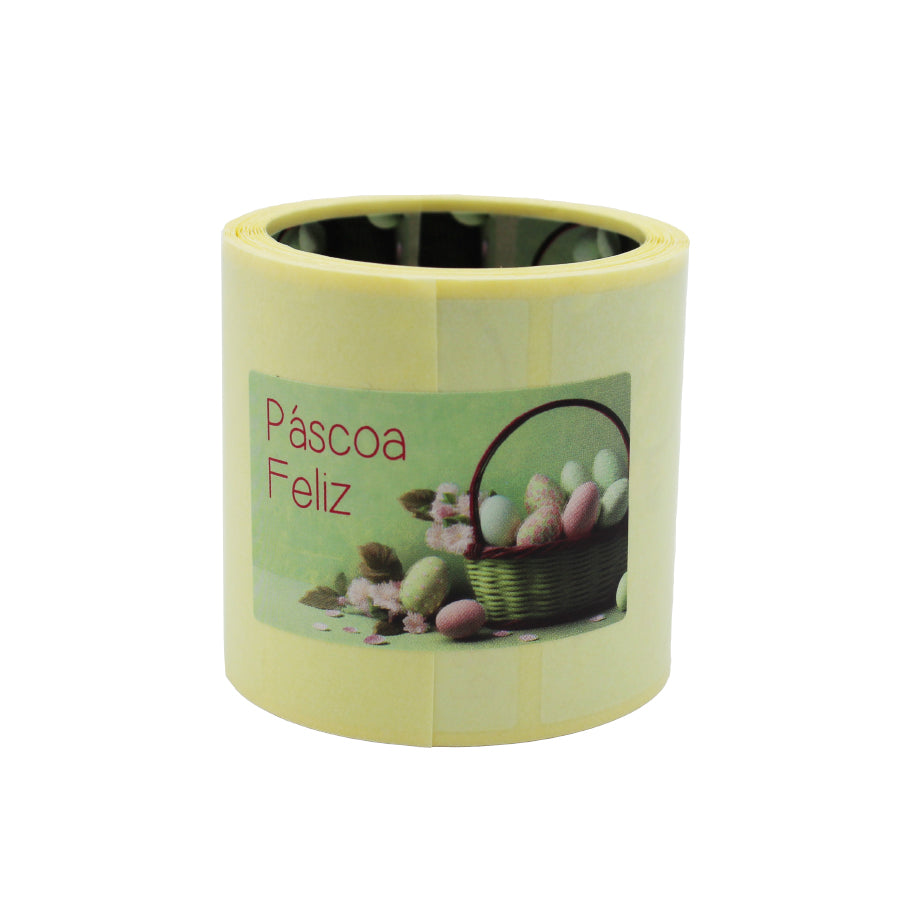 Etiqueta Adhesiva Horizontal - Verde - "Feliz Pascua/Cesta con Huevos"