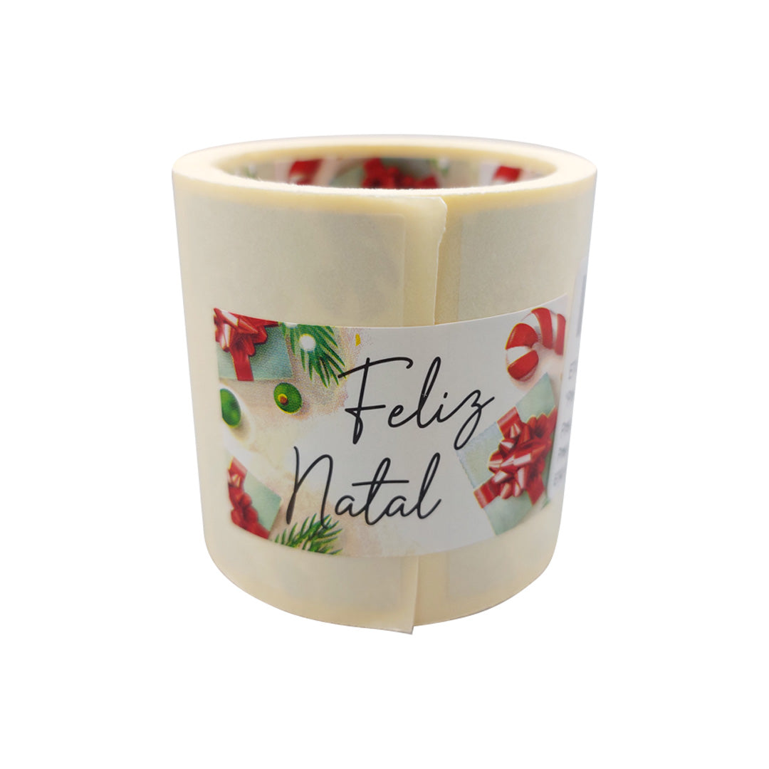Etiqueta Autocolante Horizontal - Multicor - "Feliz Natal/Presentes e Bengala"