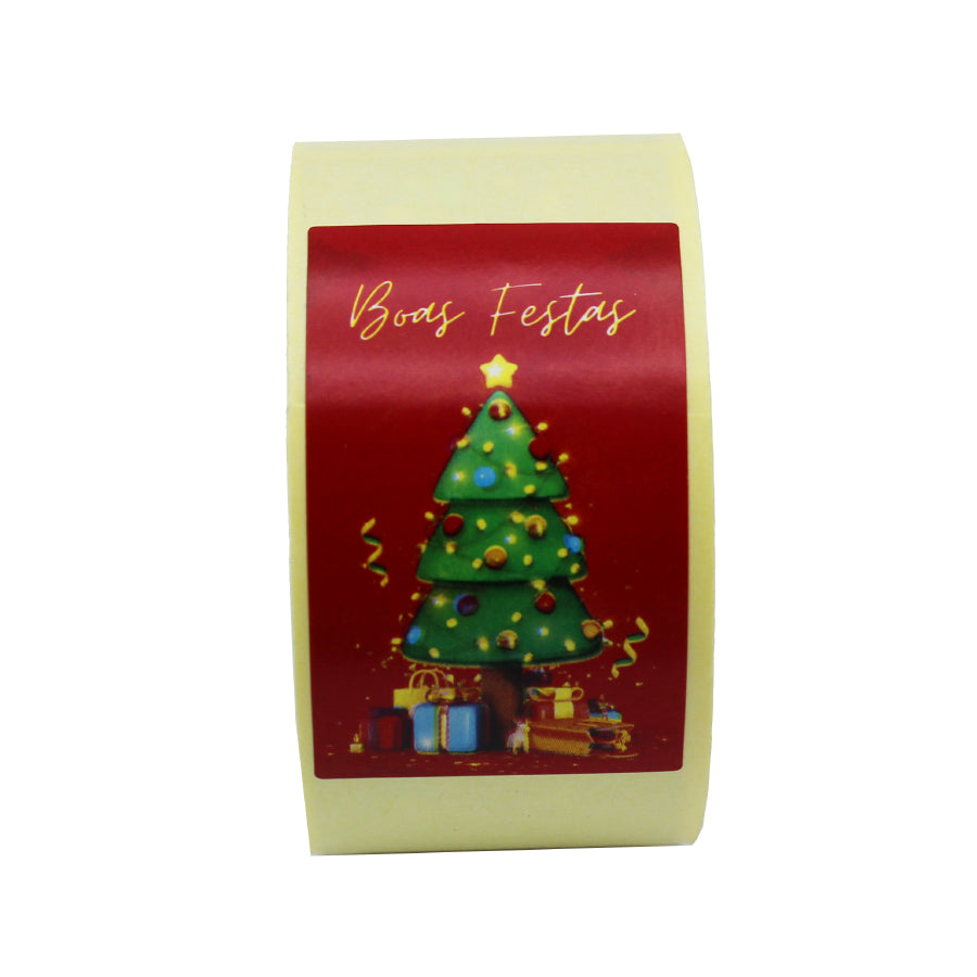 Etiqueta autoadhesiva vertical - Rojo y Verde - "Felices Fiestas/Árbol"