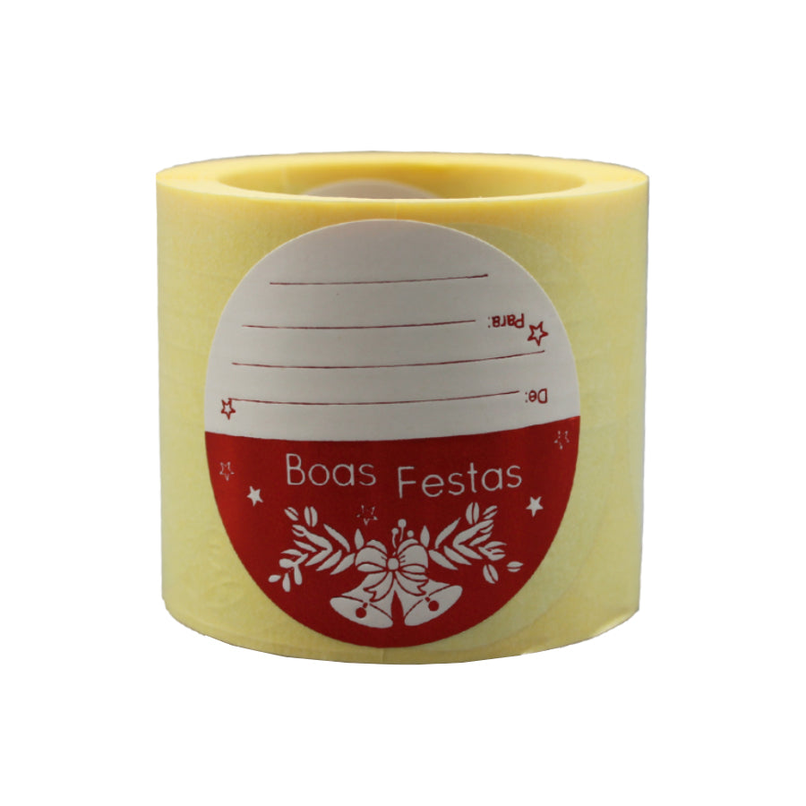 Etiqueta Adhesiva Redonda con "De/Para" - Blanco y Rojo - "Felices Fiestas/Campanas"