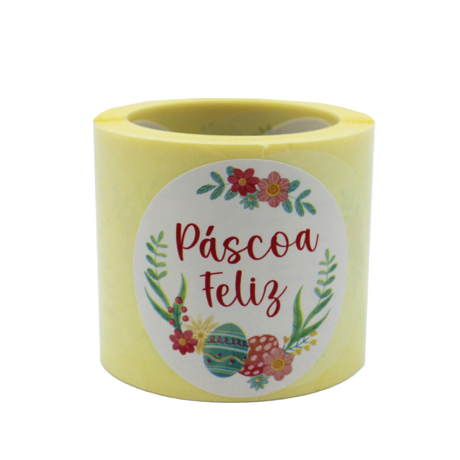 Etiqueta Autocolante Redonda - Multicor - "Páscoa Feliz/Ovos e Flores" -