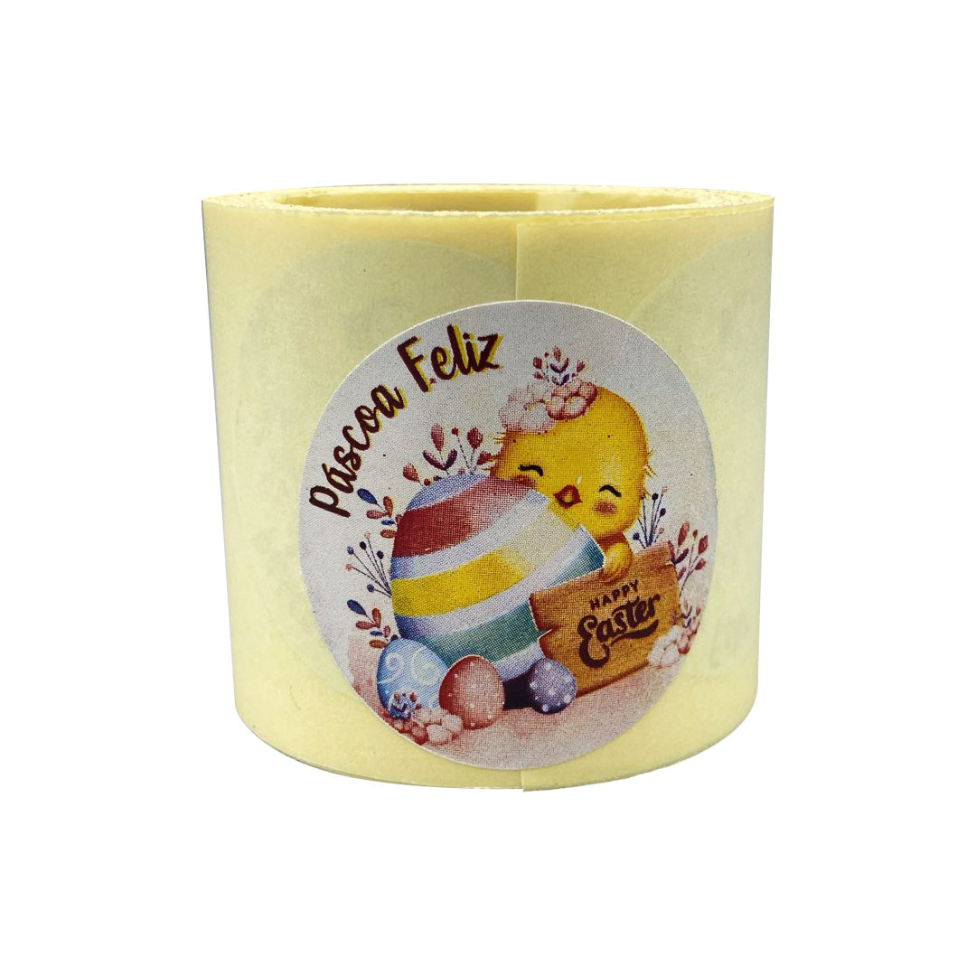 Etiqueta Adhesiva Redonda - Multicolor - "Feliz Pascua/Pollito"