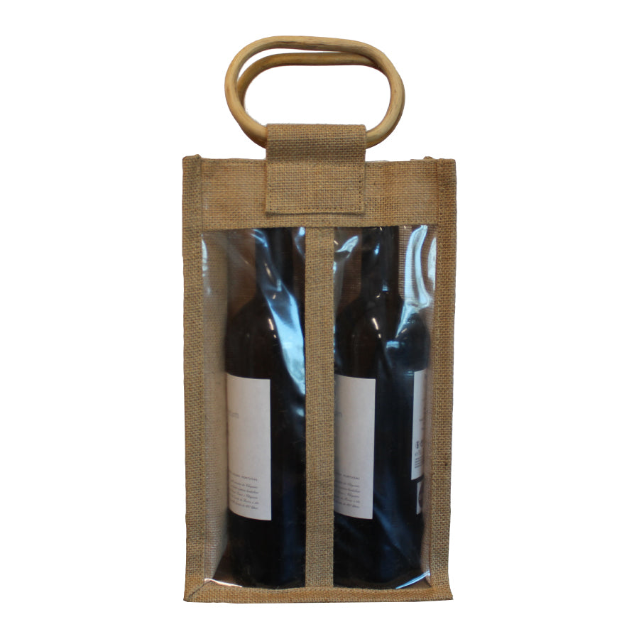 Bolsa de yute con asa y ventana para botellas - Marrón