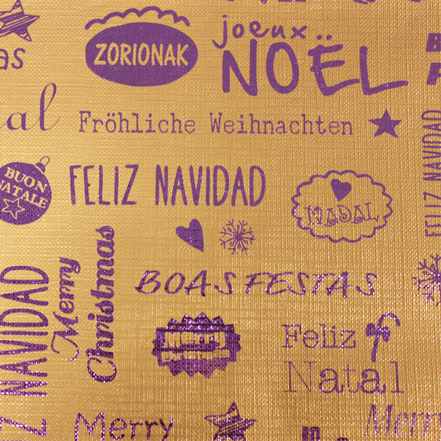 Rolo de Papel Gofrado - Ouro e Roxo - "Feliz Natal em Diferentes Linguas"