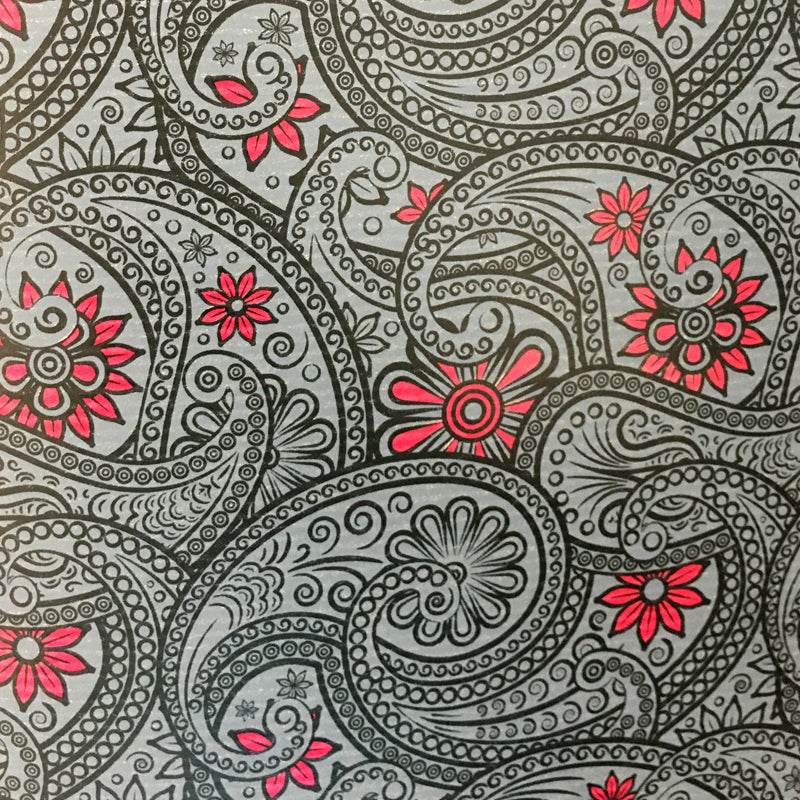 Roll of Coated Paper - Grey and Red - "Paisley with Floral Details"