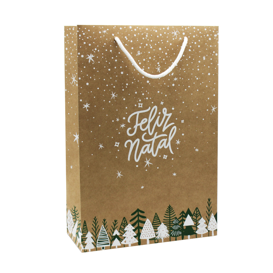 Sacos de Papel Kraft Natural 200g - Verde e Branco - "Feliz Natal"