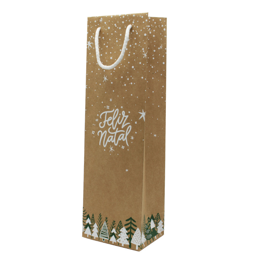 Sacos de Papel Kraft Natural 200g para Garrafa - Verde e Branco - "Feliz Natal"
