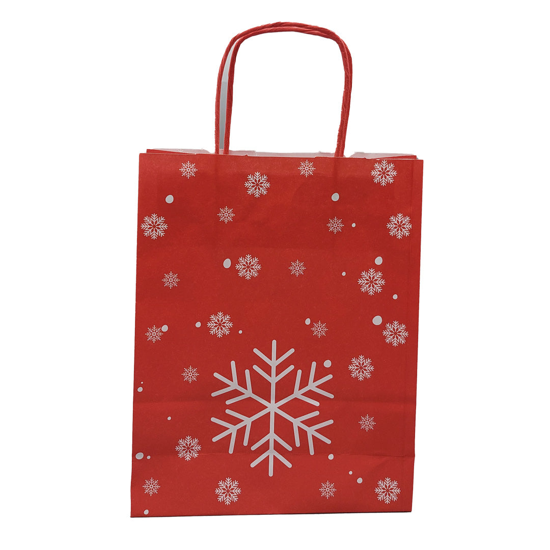 Twisted Handle White Kraft Bags - Red - "Snowflakes"
