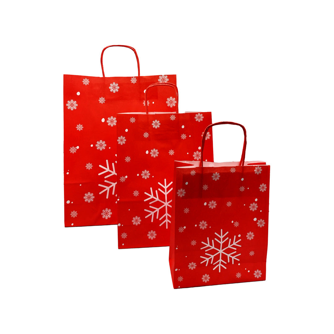 Twisted Handle White Kraft Bags - Red - "Snowflakes"