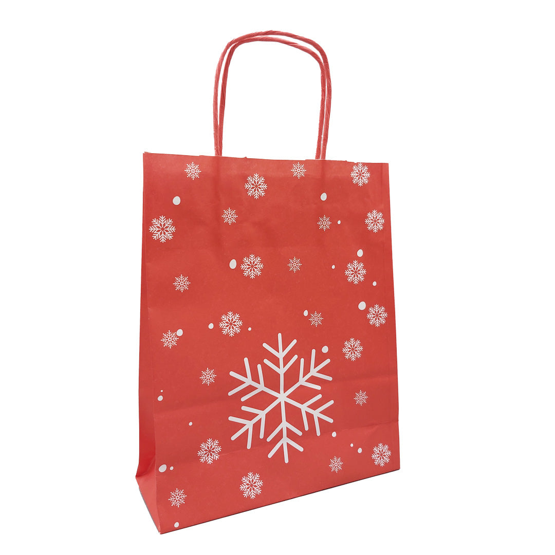 Twisted Handle White Kraft Bags - Red - "Snowflakes"