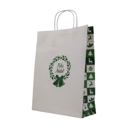 Sacos Asa Torcida Kraft Branco - Verde e Branco - "Bosque Inverno"
