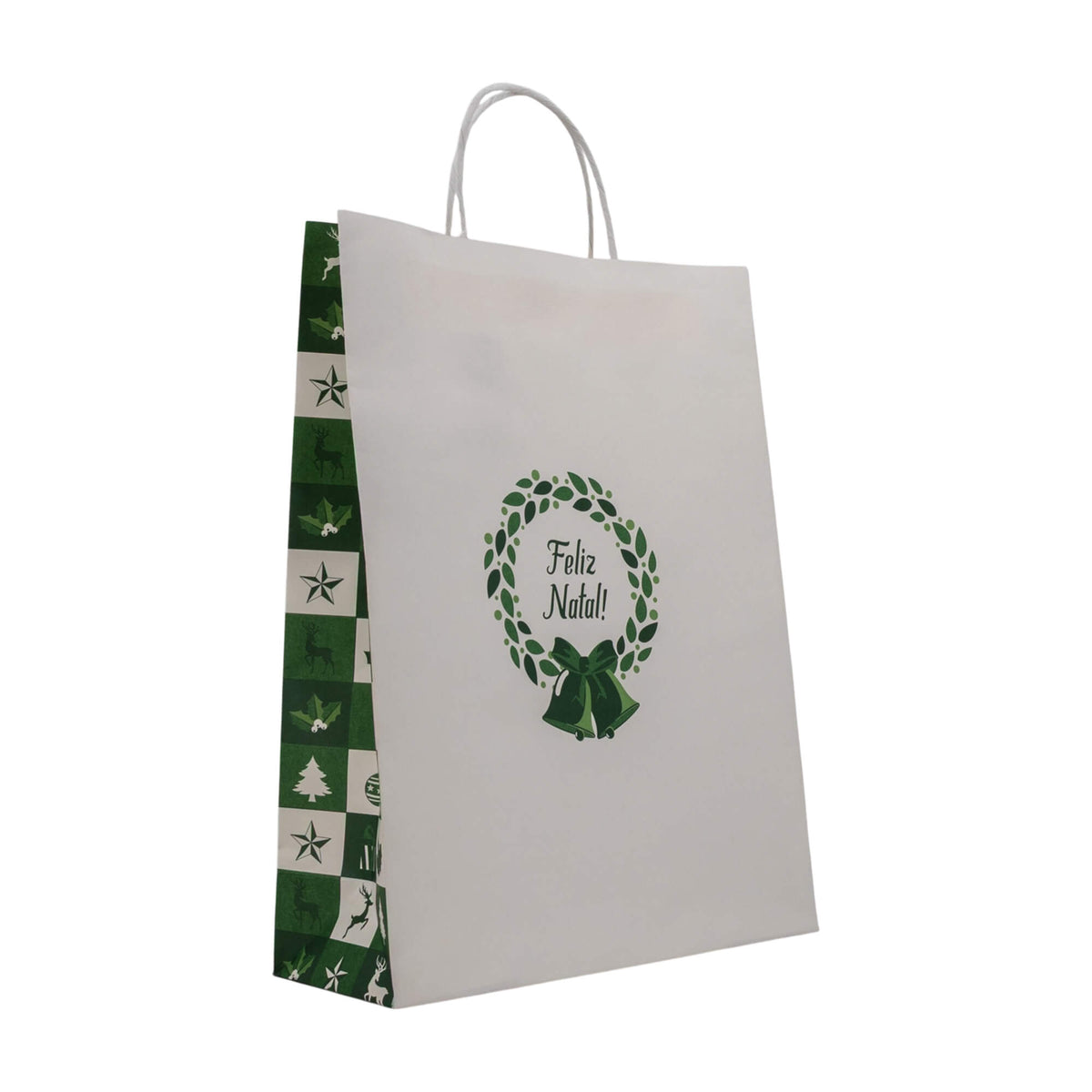 Sacos Asa Torcida Kraft Branco - Verde e Branco - "Bosque Inverno"