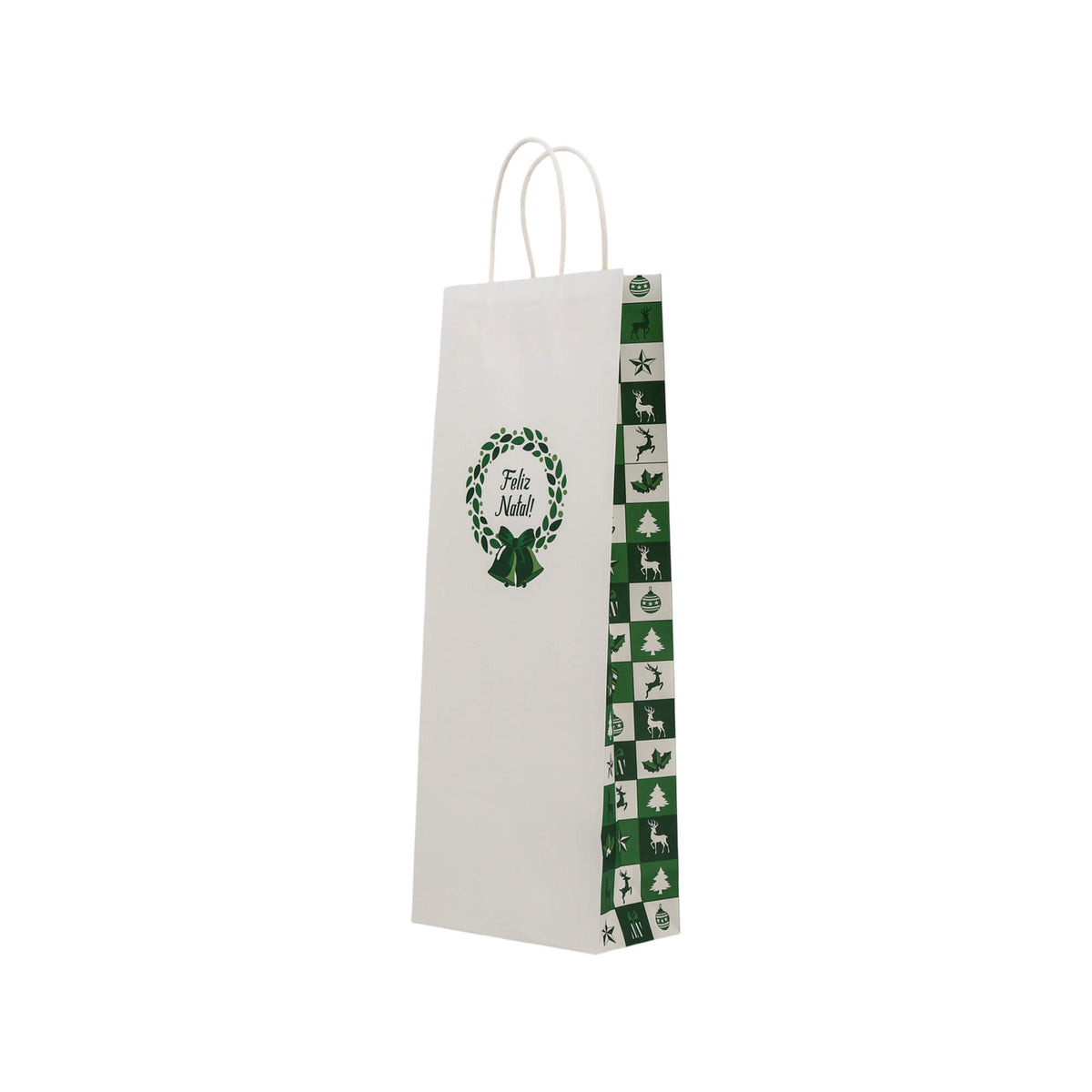 Sacos Asa Torcida Kraft Branco para Garrafa - Verde e Branco - "Bosque Inverno"