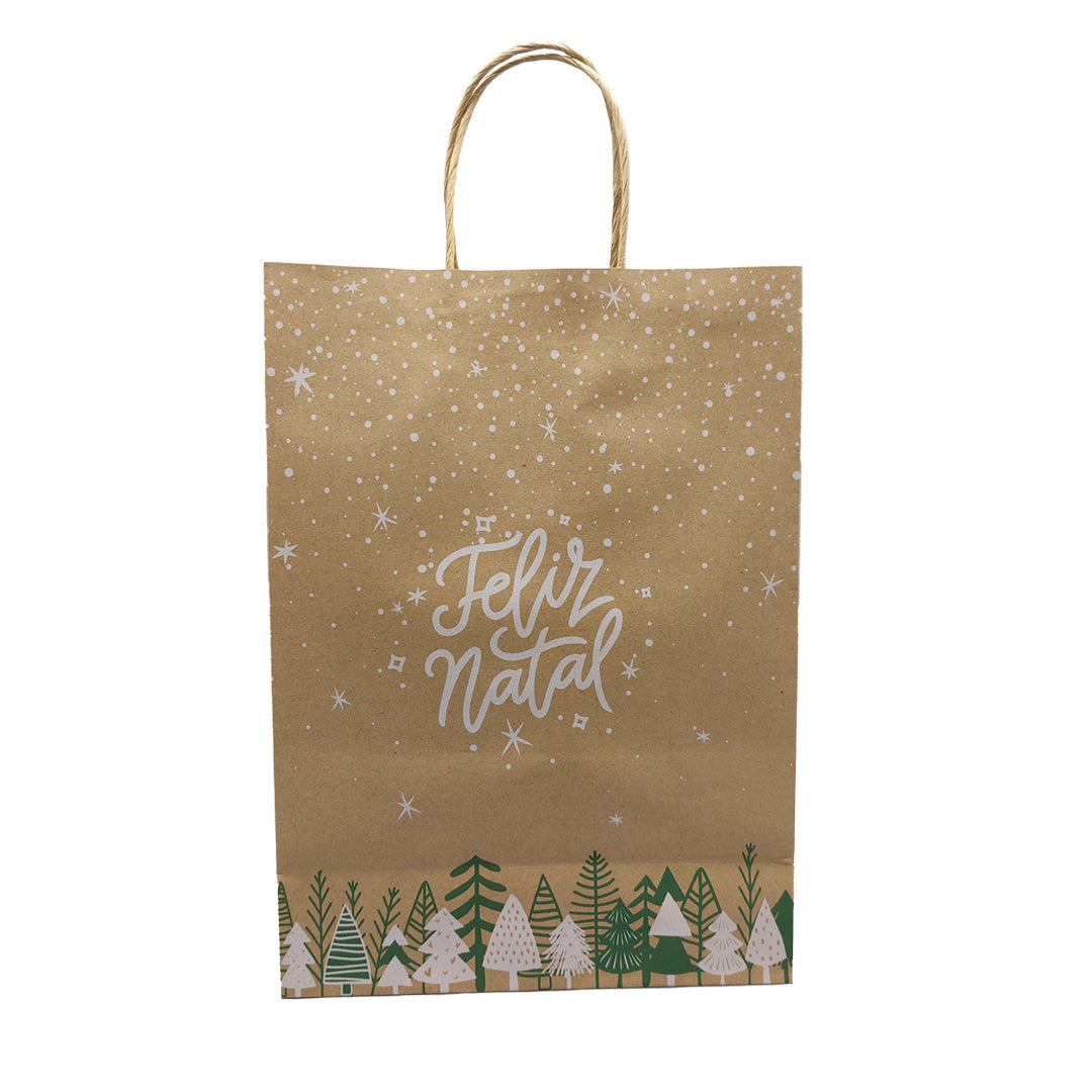 Twisted Handle Kraft Paper Bags - Green and White - "Merry Christmas"