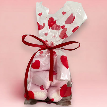 Bolsa de celofán con fuelle - Transparente y Rojo - "Corazones"